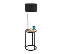 Relaxdays Lampadaire avec Table intégrée, Abat-Jour en Tissu, HxD : 153x40 cm, Douille E27, Acier, et Verre, Lampe Noir