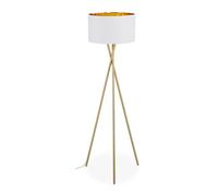Relaxdays Lampadaire trépied, Abat-Jour en Tissu, H x D : 148,5 x 53,5 cm, Douille E27, en Lin et en métal, Or/Blanc