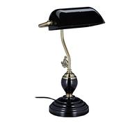 Relaxdays Lampe de banquier, abat-jour en verre inclinable, pied en bois, bureau, bibliothèque, E27, rétro, noir