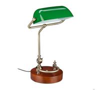 Relaxdays Lampe de banquier, abat-jour en verre inclinable, pied en bois, bureau E27, rétro, vert-marron