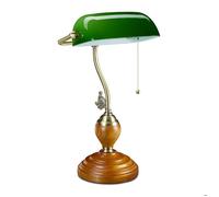relaxdays Lampe de banquier interrupteur à tirette, abat jour inclinable, socle bois, design retro, douille E27, bureau.