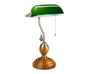relaxdays Lampe de banquier interrupteur à tirette, abat jour inclinable, socle bois, design retro, douille E27, bureau.