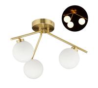 Relaxdays Lampe de plafond GLOBI, 3 ampoules, douille G9, blanc opale, lampadaire milieu du siècle 24,5 x 36 cm, doré