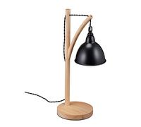 Relaxdays Lampe de table, abat-jour en métal suspendu, bois, E14, HxLxP 52x18x26 cm, style industriel, noir