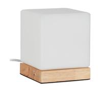 Relaxdays Lampe de table, E 14, pied en bois et verre blanc opale, design scandinave, HlP: 15x12x12 cm, de chevet.