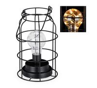Relaxdays Lampe de table vintage, grillage avec ampoule LED, blanc chaud, fonctionnant à la batterie, fil de fer, noire