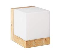 Relaxdays Lampe murale cube 1 ampoule applique murale verre opale design retro E27 bois HxlxP: 15x12x15 cm, blanc/nature