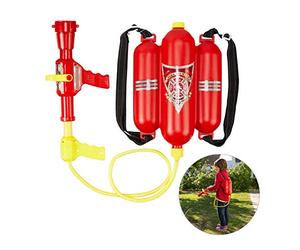 Relaxdays Lance à Eau de Pompier, Lot de 4, 2,5 l de réservoir, 5 m de portée, 2 Fonctions de Jet, Sac à Dos Enfants, Rouge-Jaune