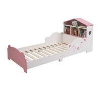 Relaxdays Lit Enfant 70x140 cm avec étagère, barrières Anti-Chute, sommier à Lattes, Motif Ours, Blanc/Rose