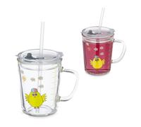 Relaxdays Verres pour Enfants, Lot de 2, Motif Poussin, Anse, Couvercle et Paille, gobelet doseur 400 ML, Transparent