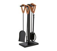 Relaxdays Serviteur pour cheminée, lot 5 pièces, tisonnier, Pelle, Balai à Cendres, Pince, Support, Cuir, Noir - Marron