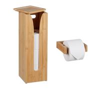 Relaxdays Lot avec Support à Papier Toilette, Bambou, 4 Rouleaux, à Fixer au Mur & Compartiment Non Fixe, Nature