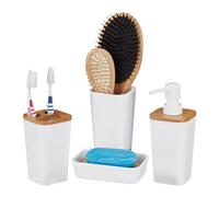 relaxdays Lot d’Accessoires de Salle de Bain, 4 pièces, Moderne, gobelet, Support à Savon et Distributeur de Lotion, Plastique et Bambou, Blanc, 1 Paquet