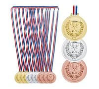 Relaxdays Lot de 12 médailles, pour Enfants, Ruban, Torche, Remise de Prix, 6 cm Ø, Plastique, Bronze, Argent, doré