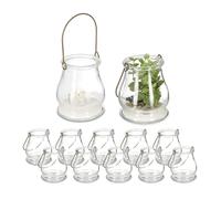 Relaxdays Lot de 12 photophores à Suspendre, Verre, Anse, pour intérieur & extérieur, HxD 10x8,5 cm, Transparent/doré