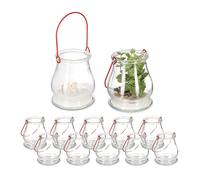 Relaxdays Lot de 12 photophores à Suspendre, Verre, Anse, pour intérieur & extérieur, HxD 10x8,5 cm, Transparent/Rouge