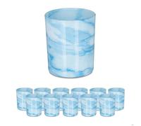 Relaxdays Lot de 12 photophores en verre pour bougies chauffe-plat, design simple, H x D : 8,5 x 7 cm, bleu/crème