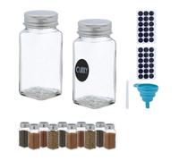 Relaxdays Lot de 12 Pots à épices, avec Entonnoir, Verres à Condiments, avec étiquettes, 120 ML, Verre, Transparent