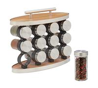 Relaxdays Lot de 12 Pots à épices avec Support, Embouts tamiseur, poignée, Non Fixe, Aspect Bois, Nature et argenté