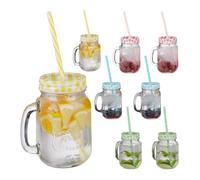 Relaxdays Verres avec Paille, Couvercle et Anse, Lot de 16, HLP 13x10,5x15 cm, 400 ML, Limonade, Boissons glacées, Multicolore