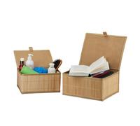 Relaxdays Bac de Rangement, Lot de 2, Bambou et Polyester, Couvercle Pratique, pour Salle de Bain et Chambre, Nature