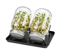 Relaxdays Lot de 2 bocaux germinateurs, avec Support et égouttoir, 850 ML, Culture de pousses, Transparent/Noir