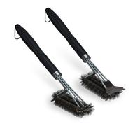 Relaxdays Triple Brosse à Barbecue en Lot de 2, grattoir pour l’Une des Deux, Poils en Acier Inoxydable, Noire