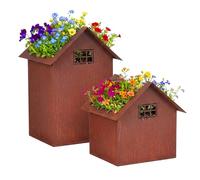 Relaxdays Lot de 2 décorations de Jardin en métal rouillé - 2 Tailles - Pots de Fleurs Lumineux - Décoration rouillée pour Jardin et Balcon - Marron