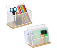 Relaxdays Lot de 2 organiseurs de Bureau, métal, Range-Lettres & Porte-stylos, Bambou, Blanc - Nature