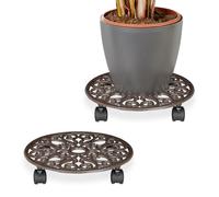 Relaxdays Lot de 2 Porte-Plantes à roulettes, en Fonte, H x D chacun : 7,5 x 34 cm, pour intérieur et extérieur, Marron