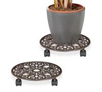 Relaxdays Lot de 2 Porte-Plantes à roulettes, en Fonte, H x D chacun : 7,5 x 34 cm, pour intérieur et extérieur, Marron