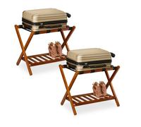Relaxdays Porte-Bagages Pliables, Lot de 2, Bois, H x L x P : 54 x 66 x 45 cm, 2 étagères, Rangement pour hôtel, Nature