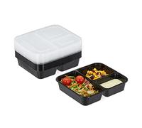 Relaxdays Lot de 20 boîtes Repas, 3 Compartiments, 1000 ML, Micro-ondables, boîtes en Plastique avec Couvercle, Noires