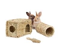 Relaxdays Lot de 3 accessoires pour petits animaux, maison herbe, tunnel & carotte paille, lapin, cochon d’Inde, nature