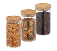 Relaxdays Lot de 3 bocaux en verre 1000 ml – Couvercle en bambou hermétique