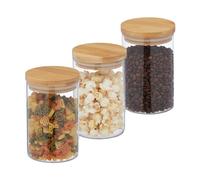 Relaxdays Lot de 3 bocaux en Verre, Couvercle Bambou, Bocal Conservation Rond, 800 ML, hermétique, Transparent/Naturel