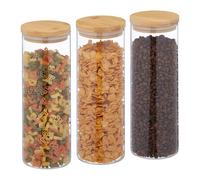 Relaxdays Lot de 3 bocaux en Verre, Couvercle Bambou, Bocal Conservation Rond, 1600 ML, hermétique, Transparent/Nature