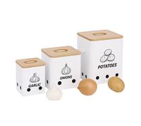 Boîte de Conservation Relaxdays pour Pommes de Terre, oignons et ail, 3 pièces, métal, Couvercle en Bambou, Blanche.