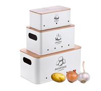 Relaxdays Lot de 3 boîtes de Rangement en métal pour Pommes de Terre, oignons, ail, légumes avec Couvercle, Blanc