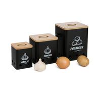Relaxdays Lot de 3 boîtes de Rangement pour Pommes de Terre, oignons, ail, avec Trous, en métal, Couvercle en Bambou, Noir/Naturel