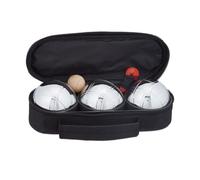 Relaxdays Lot de 3 boules de pétanque métalliques, avec cochonnet et mètre, sacoche, jeu en extérieur, argenté et noir