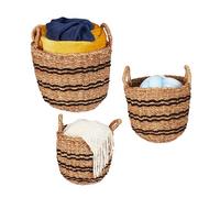 Relaxdays Lot de 3 corbeilles de Rangement, zostère, caisses à poignées, Salle de Bain, Chambre & Salon, Nature - Noir