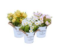 Relaxdays Plantes artificielles en Pot, Lot de 3, chrysanthèmes, Fausses Fleurs, H x D: 20 x 15 cm, Jaune - Blanc - Rose