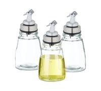 Relaxdays Lot de 3 flacons d'huile en Verre - Distributeur de vinaigre - Hermétiques - en Acier Inoxydable - Anti-Gouttes - Rechargeables - Transparents - Argentés et Noirs - 14 x 7 cm