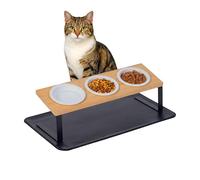 Relaxdays Lot de 3 gamelles surélevées pour Chat, 600 ML, 14 x 43,5 x 17 cm, céramique, Support Bambou, Naturel/Blanc