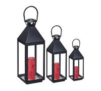 Relaxdays Lot de 3 lanternes, décoration intérieur et extérieur, 3 tailles, métal, verre, photophores pour bougies, noir