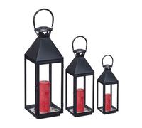 Relaxdays Lot de 3 lanternes, décoration intérieur et extérieur, 3 tailles, métal, verre, photophores pour bougies, noir