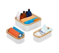 Relaxdays Panier de Rangement Bambou et Tissu, Lot de 3, corbeilles Salle de Bain, 2 Tailles différentes, Blanc/crème