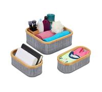 Relaxdays Panier de Rangement Bambou et Tissu, Lot de 3, corbeilles Salle de Bain, 2 Tailles différentes, Gris/crème