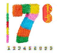 Relaxdays Lot de 3 pièces de piñata d'anniversaire, numéro 7, baguette de piñata avec masque pour les yeux, enfants et adultes, piñata à remplir soi-même, multicolore